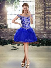 Romantic Royal Blue Sleeveless Beading and Ruffles Mini Length Prom Dresses