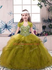 Custom Fit Olive Green Straps Lace Up Beading and Ruffles Child Pageant Dress Sleeveless