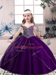 Eggplant Purple Tulle Lace Up Straps Sleeveless Floor Length Child Pageant Dress Beading
