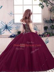 Eggplant Purple Tulle Lace Up Straps Sleeveless Floor Length Child Pageant Dress Beading