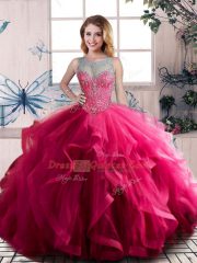 Fabulous Ball Gowns Quinceanera Gowns Fuchsia Scoop Tulle Sleeveless Floor Length Lace Up