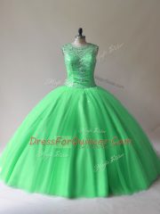 Green Sleeveless Floor Length Beading Lace Up Quinceanera Gown