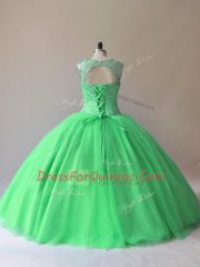 Green Sleeveless Floor Length Beading Lace Up Quinceanera Gown