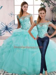 Designer Aqua Blue Sleeveless Floor Length Beading and Ruffles Lace Up Vestidos de Quinceanera