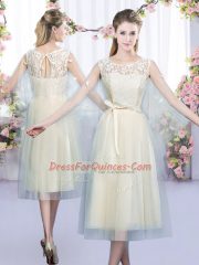 Enchanting Champagne Empire Scoop Sleeveless Tulle Tea Length Lace Up Lace and Belt Vestidos de Damas