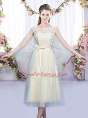 Enchanting Champagne Empire Scoop Sleeveless Tulle Tea Length Lace Up Lace and Belt Vestidos de Damas