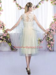 Enchanting Champagne Empire Scoop Sleeveless Tulle Tea Length Lace Up Lace and Belt Vestidos de Damas