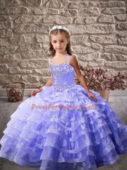 Beautiful Lavender Straps Neckline Ruffled Layers Glitz Pageant Dress Sleeveless Lace Up