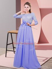 Modest Lavender Empire Chiffon Scoop 3 4 Length Sleeve Lace and Belt Floor Length Side Zipper Vestidos de Damas