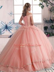 Latest Beading Quinceanera Dress Peach Lace Up Sleeveless Brush Train