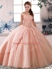 Latest Beading Quinceanera Dress Peach Lace Up Sleeveless Brush Train