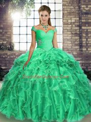 Exceptional Off The Shoulder Sleeveless Quinceanera Gowns Brush Train Beading and Ruffles Turquoise Organza