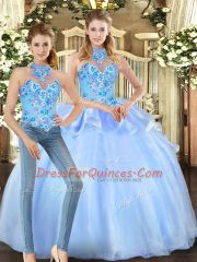 Superior Blue Sweet 16 Dress Military Ball and Sweet 16 and Quinceanera with Embroidery Halter Top Sleeveless Lace Up