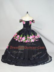 Dazzling Ball Gowns Sleeveless Black 15 Quinceanera Dress Brush Train Lace Up