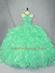 Apple Green Ball Gowns Scoop Sleeveless Organza Floor Length Zipper Beading and Ruffles 15 Quinceanera Dress