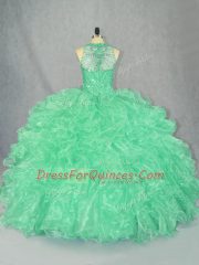Apple Green Ball Gowns Scoop Sleeveless Organza Floor Length Zipper Beading and Ruffles 15 Quinceanera Dress