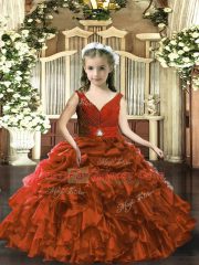 Sleeveless Organza Floor Length Backless Little Girl Pageant Gowns in Brown with Beading and Ruffles and Pick Ups