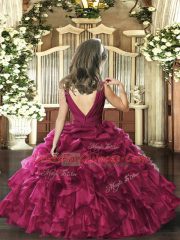 Sleeveless Organza Floor Length Backless Little Girl Pageant Gowns in Brown with Beading and Ruffles and Pick Ups