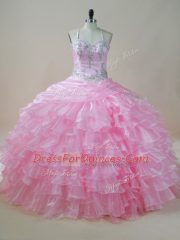 Luxury Halter Top Sleeveless 15 Quinceanera Dress Floor Length Embroidery and Ruffled Layers Baby Pink Organza