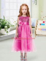 Simple Sleeveless Tea Length Sequins and Hand Made Flower Zipper Flower Girl Dresses for Less with Rose Pink