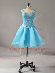 Aqua Blue Organza Zipper Straps Sleeveless Mini Length Prom Evening Gown Beading