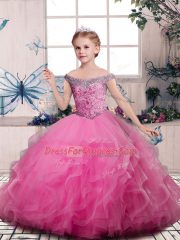 Custom Fit Pink Ball Gowns Tulle V-neck Sleeveless Beading and Ruffles Floor Length Lace Up Custom Made Pageant Dress