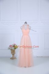 Modest Peach Halter Top Zipper Ruching Quinceanera Court Dresses Sleeveless