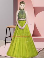 Floor Length Backless Evening Dress Olive Green for Prom and Party and Military Ball with Beading
