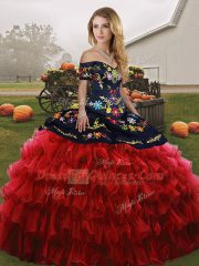 Shining Embroidery and Ruffled Layers Sweet 16 Quinceanera Dress Red And Black Lace Up Sleeveless Floor Length