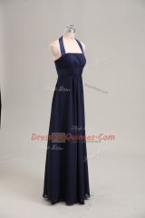 Navy Blue Empire Halter Top Sleeveless Chiffon Floor Length Lace Up Ruching
