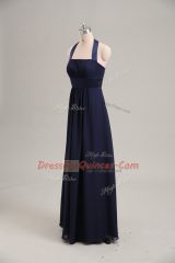 Navy Blue Empire Halter Top Sleeveless Chiffon Floor Length Lace Up Ruching