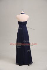 Navy Blue Empire Halter Top Sleeveless Chiffon Floor Length Lace Up Ruching