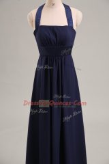 Navy Blue Empire Halter Top Sleeveless Chiffon Floor Length Lace Up Ruching