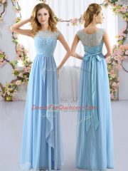 Fitting Light Blue Scoop Neckline Lace and Belt Quinceanera Court Dresses Cap Sleeves Side Zipper