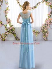 Fitting Light Blue Scoop Neckline Lace and Belt Quinceanera Court Dresses Cap Sleeves Side Zipper