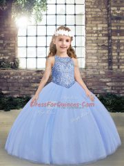 Floor Length Light Blue Little Girl Pageant Gowns Scoop Sleeveless Lace Up