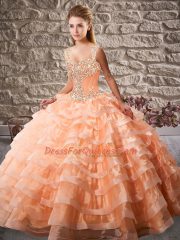 Orange Sleeveless Organza Court Train Lace Up Ball Gown Prom Dress for Sweet 16 and Quinceanera