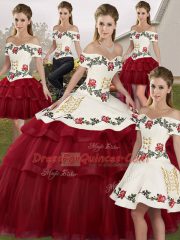 Attractive Wine Red Tulle Lace Up Off The Shoulder Sleeveless Sweet 16 Dress Brush Train Embroidery and Ruffled Layers