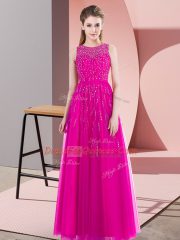 Ideal Floor Length Fuchsia Prom Gown Tulle Sleeveless Beading