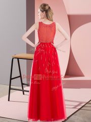 Ideal Floor Length Fuchsia Prom Gown Tulle Sleeveless Beading