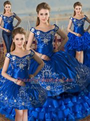 Royal Blue Ball Gowns Off The Shoulder Sleeveless Satin and Organza Floor Length Lace Up Embroidery and Ruffled Layers Sweet 16 Dresses