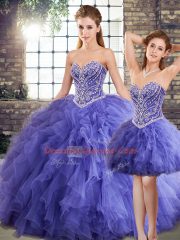 Sleeveless Floor Length Beading and Ruffles Lace Up Sweet 16 Dress with Lavender