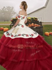 Gorgeous Sleeveless Brush Train Lace Up Embroidery and Ruffled Layers Quinceanera Gown