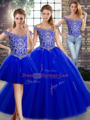 Sophisticated Sleeveless Tulle Floor Length Lace Up Ball Gown Prom Dress in Royal Blue with Beading