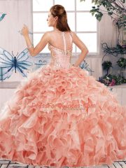Floor Length Watermelon Red Sweet 16 Dress Organza Sleeveless Beading and Ruffles