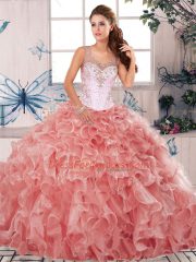 Floor Length Watermelon Red Sweet 16 Dress Organza Sleeveless Beading and Ruffles