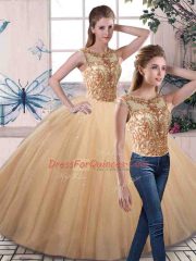 Cute Gold Sleeveless Tulle Lace Up Quinceanera Dress for Military Ball and Sweet 16 and Quinceanera