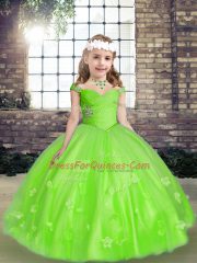 Floor Length Girls Pageant Dresses Tulle Sleeveless Beading and Hand Made Flower