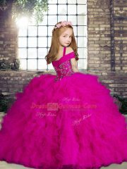 Great Floor Length Green Child Pageant Dress Tulle Sleeveless Beading and Ruffles