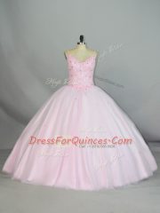Affordable Baby Pink Straps Neckline Beading and Lace Quinceanera Gowns Sleeveless Lace Up